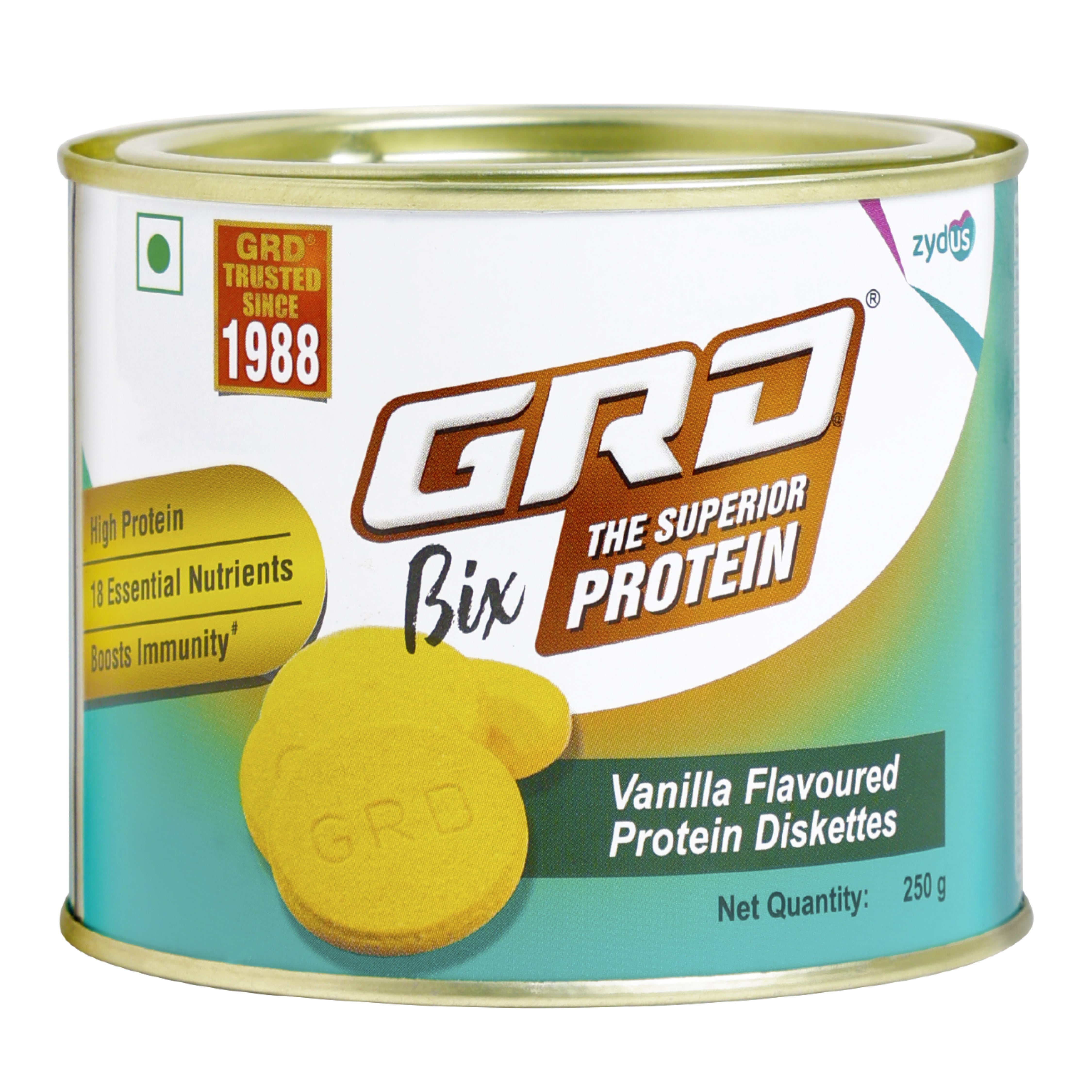 GRD Bix Superior Protein Diskettes, Healthy Tasty Biscuits Enriched with Protein and 18 Essential Nutrients for Healthy Living (250g) – Vanilla Flavour