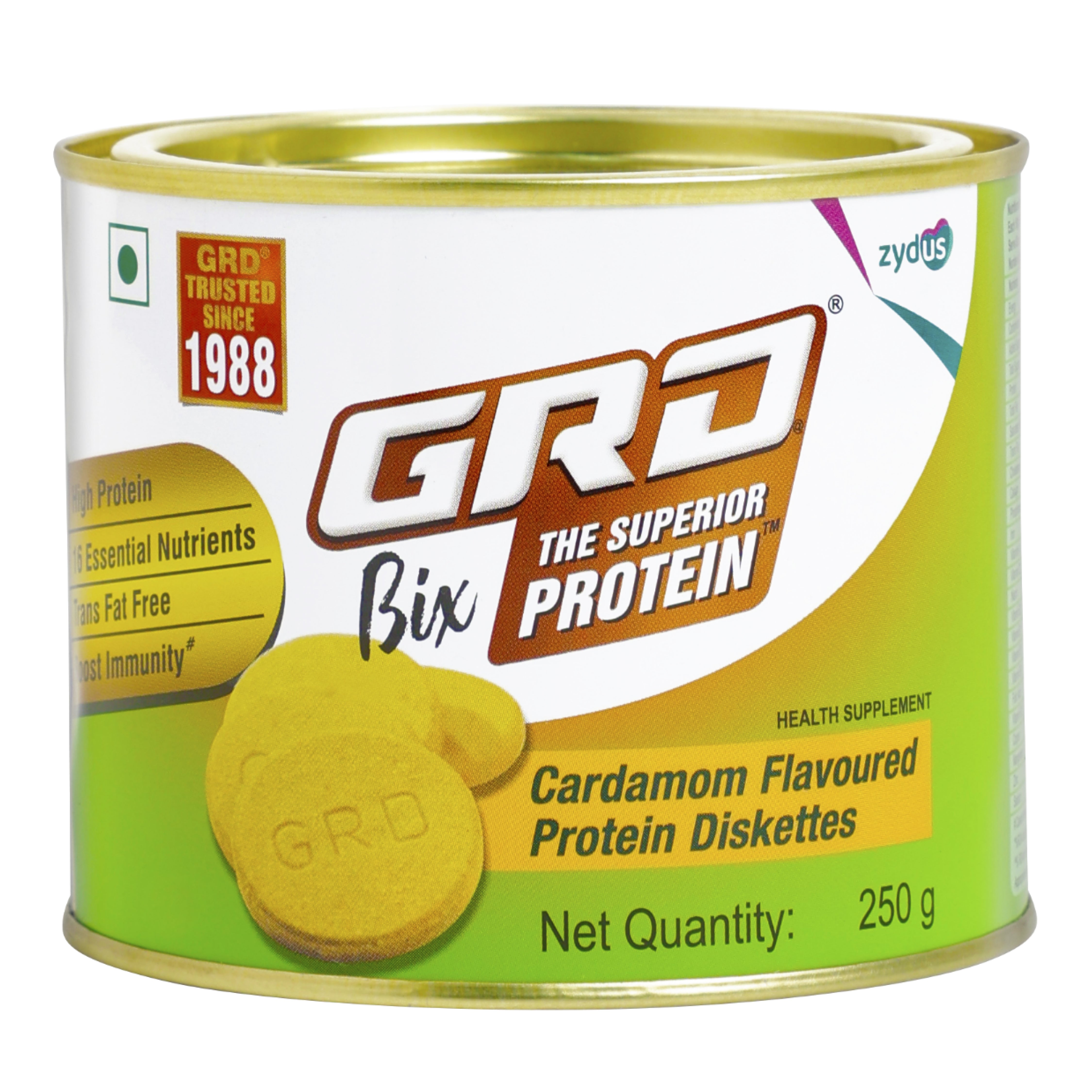 GRD Bix Superior Protein Diskettes, Healthy Tasty Biscuits Enriched with Protein and 18 Essential Nutrients for Healthy Living (250g) – Cardamom Flavour