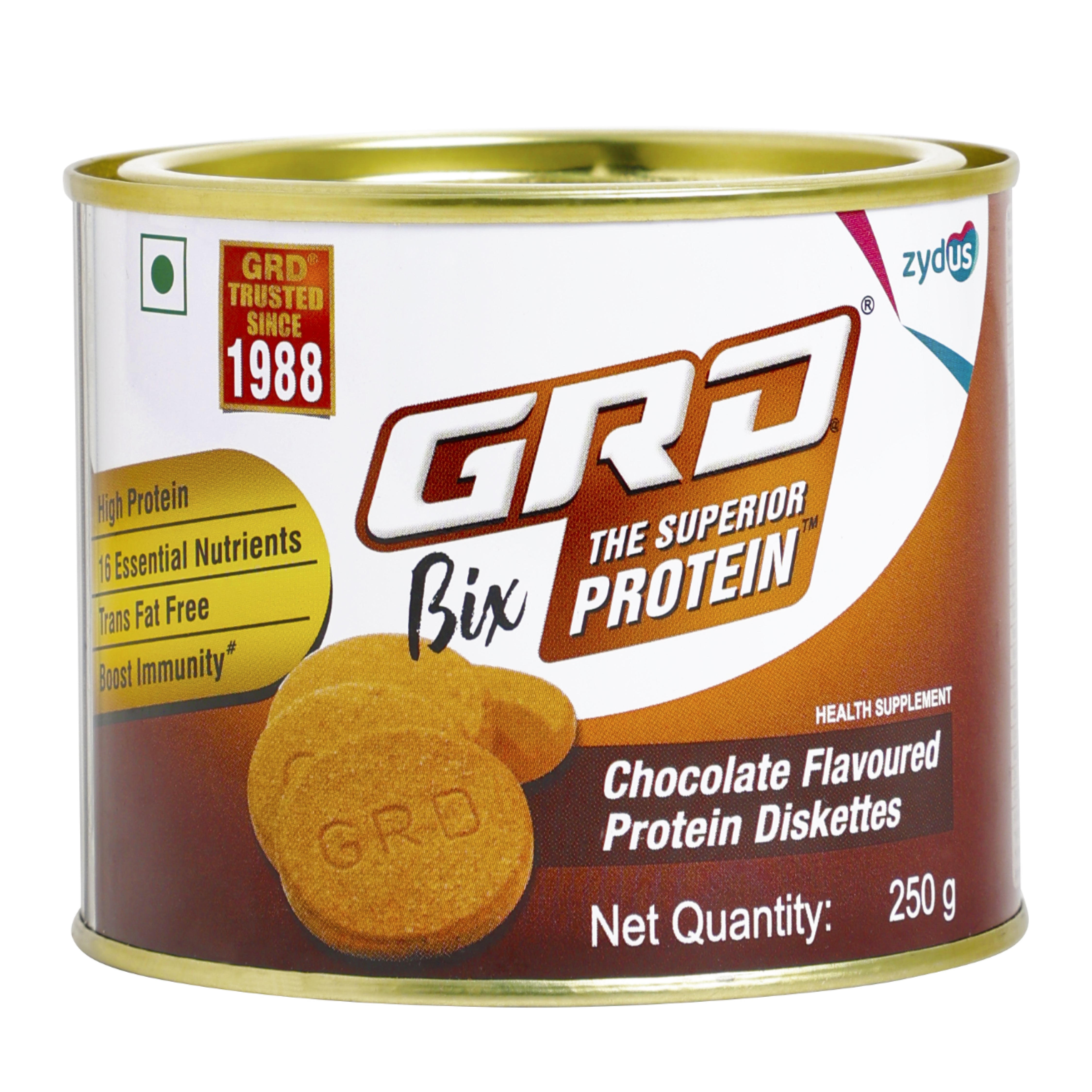 GRD Bix Superior Protein Diskettes, Healthy Tasty Biscuits Enriched with Protein and 18 Essential Nutrients for Healthy Living (250g) – Chocolate Flavour