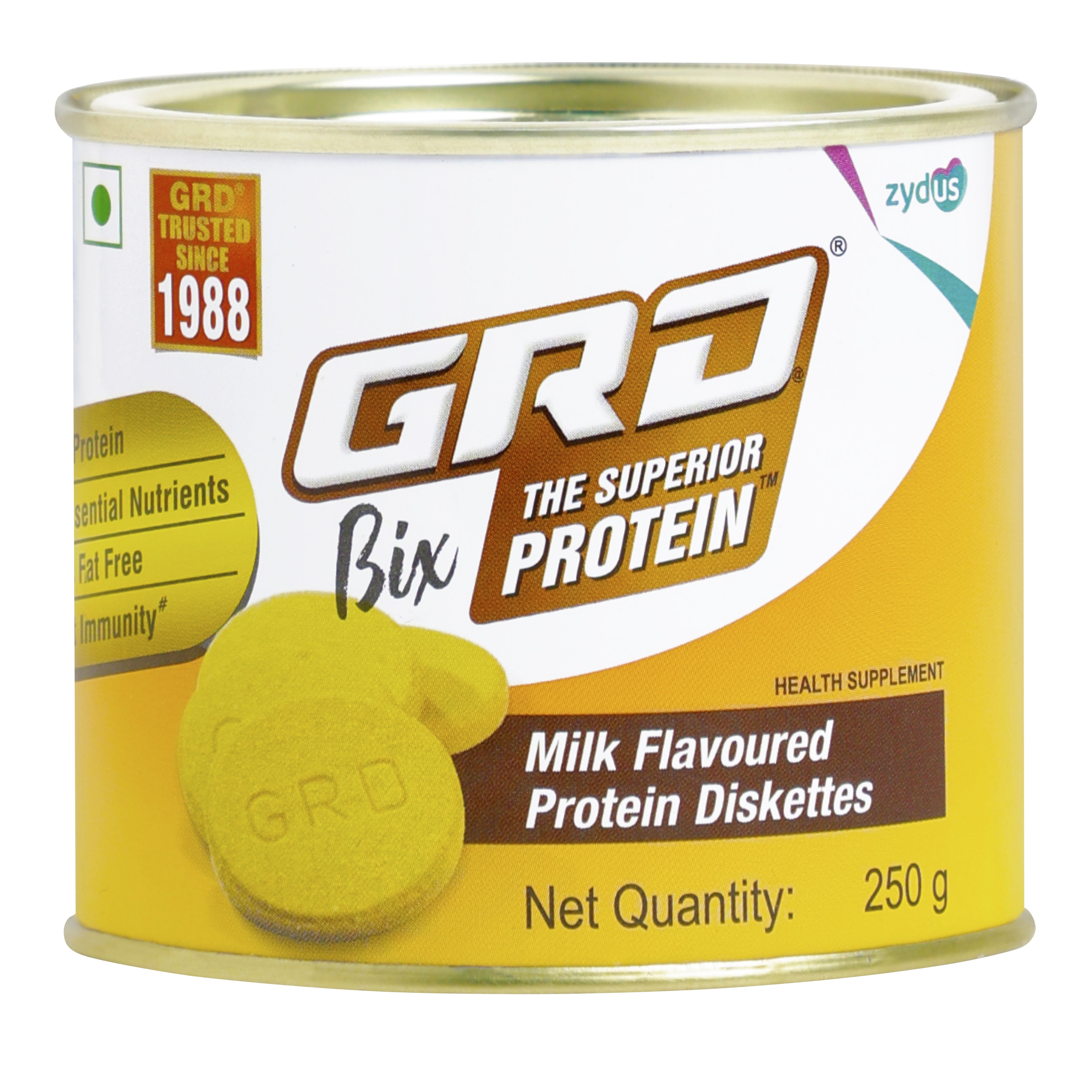 GRD Bix Superior Protein Diskettes, Healthy Tasty Biscuits Enriched with Protein and 18 Essential Nutrients for Healthy Living (250g) – Milk Flavour