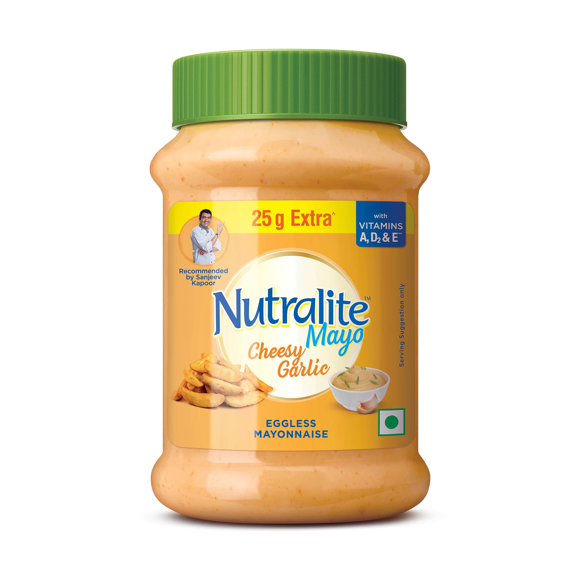 Nutralite Mayo Cheesy Garlic (275 g + 25 g Extra)|Eggless Mayonnaise| Enriched with Vitamins A, D2, and E| Creamy & Cheesy Veg Mayonnaise| Easy to Scoop & Spread