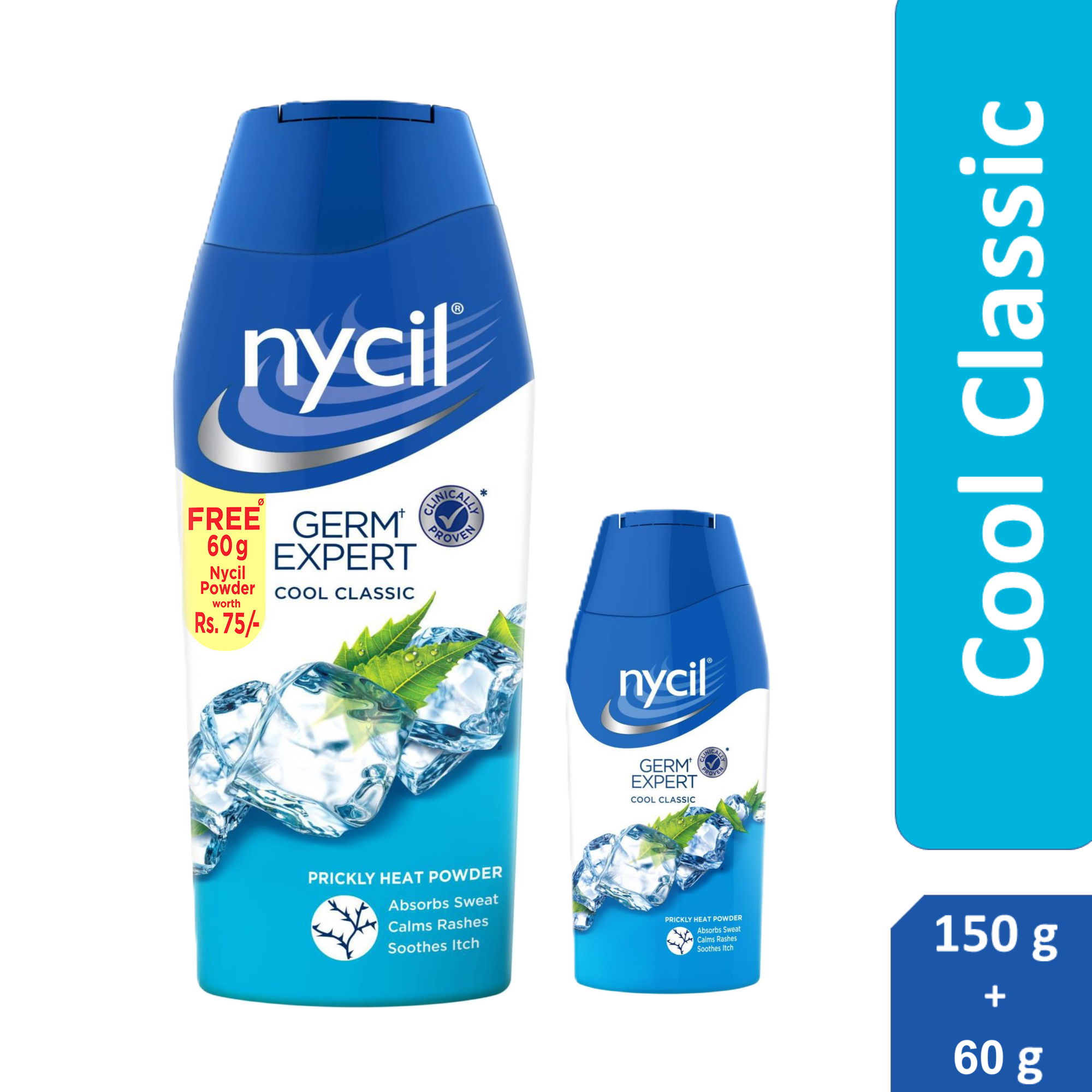 Nycil Germ Expert Cool Class Prickly Heat And Cooling Powder - 150 G + 60 G Free (Nycil Cool Herbal Powder) | Get Relief From Skin Problems