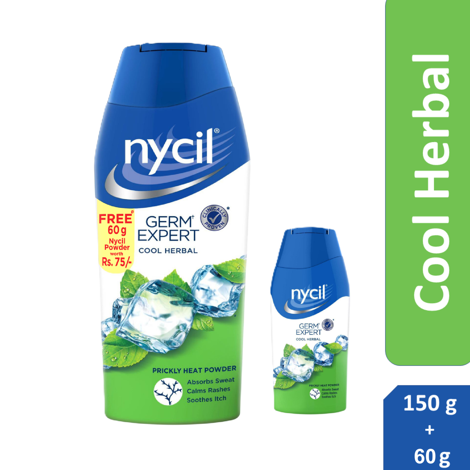 Nycil Germ Expert Cool Herbal Prickly Heat And Cooling Powder - 150 G + 60 G Free (Nycil Cool Herbal Powder) | Get Relief From Skin Problems