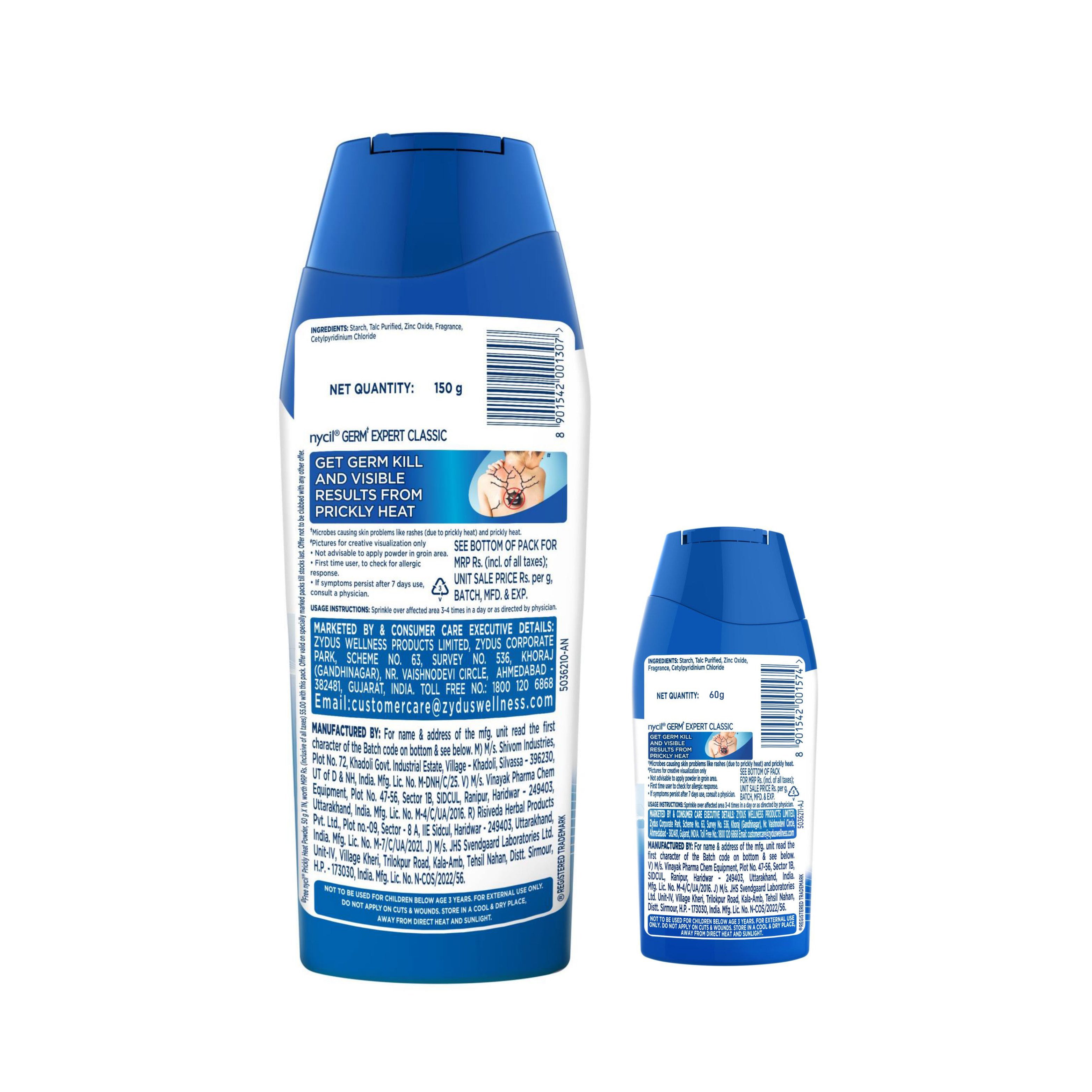 Nycil Germ Expert Classic Prickly Heat And Cooling Powder - 150 G + 60 G Free (Classic Powder) | Get Relief From Skin Problems