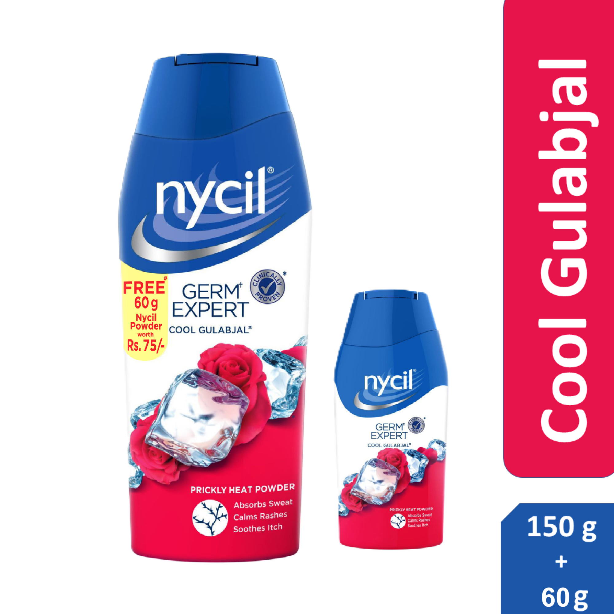 Nycil Germ Expert Prickly Heat Powder, 150gm+60gm, Assorted Fragrances (Cool Gulabjal)