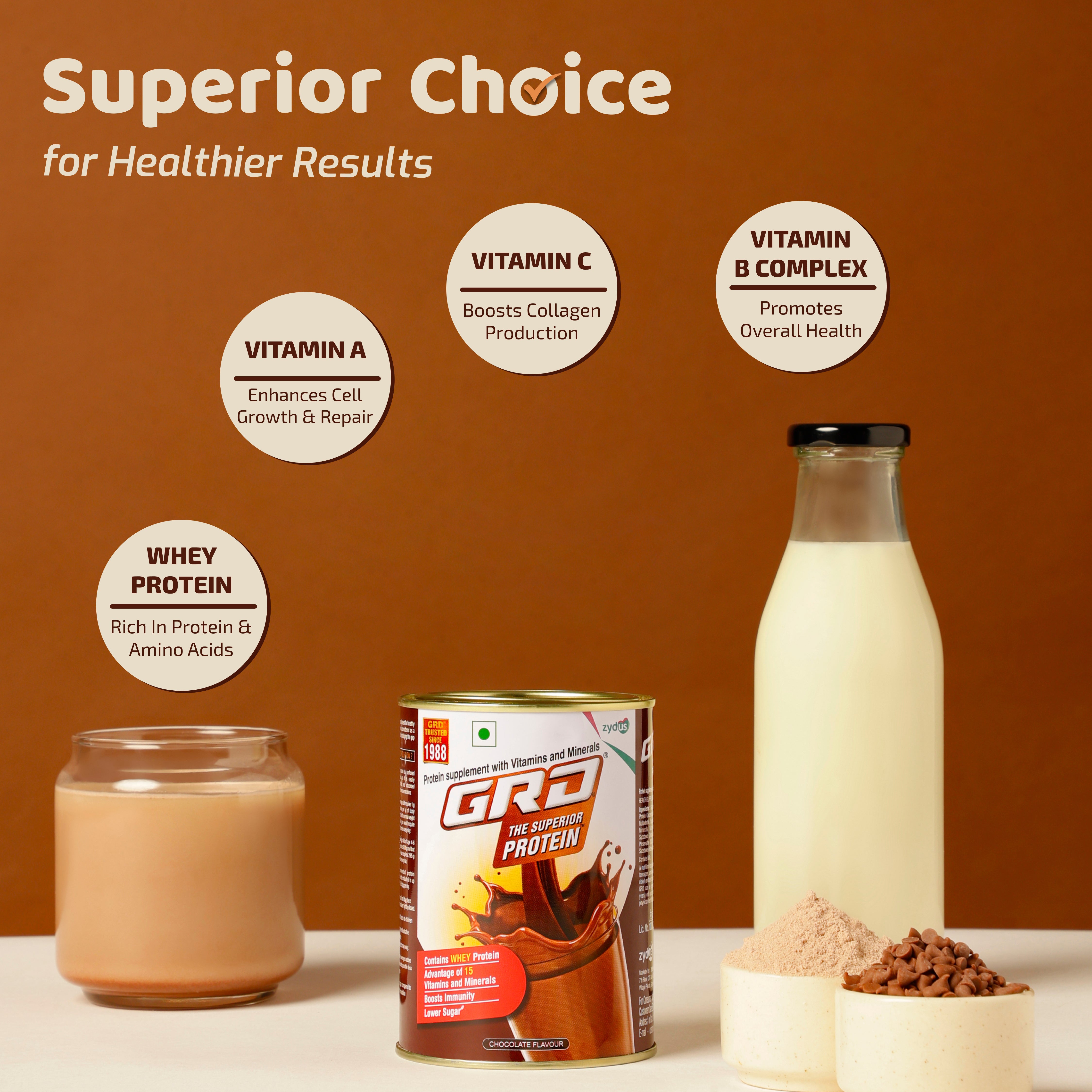 GRD Superior Protein Powder for Adults with 15 Essential Micronutrients To Support Strength, Muscle Growth & Repair, Whey To Wellness (200g Jar) – Chocolate