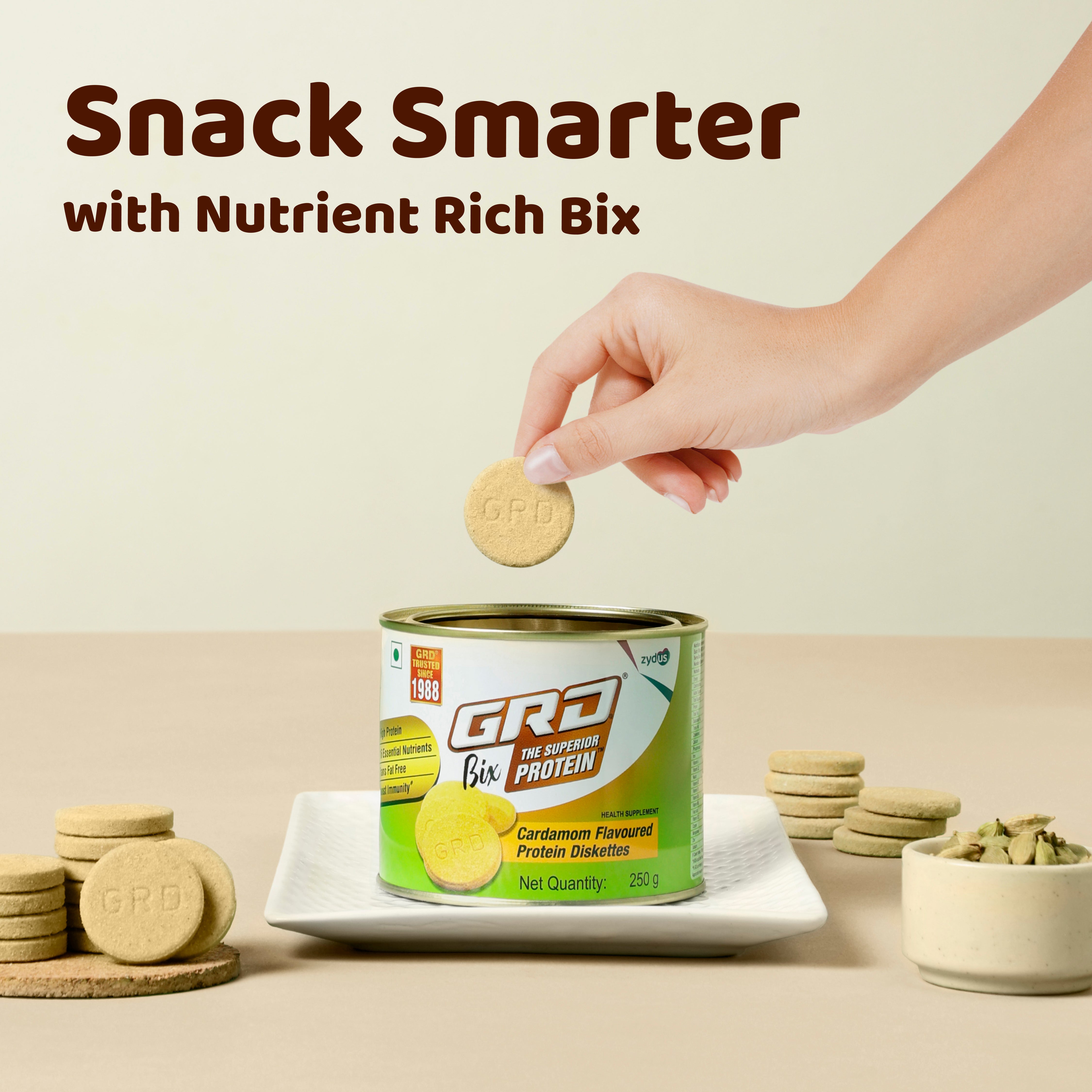 GRD Bix Superior Protein Diskettes, Healthy Tasty Biscuits Enriched with Protein and 18 Essential Nutrients for Healthy Living (250g) – Cardamom Flavour