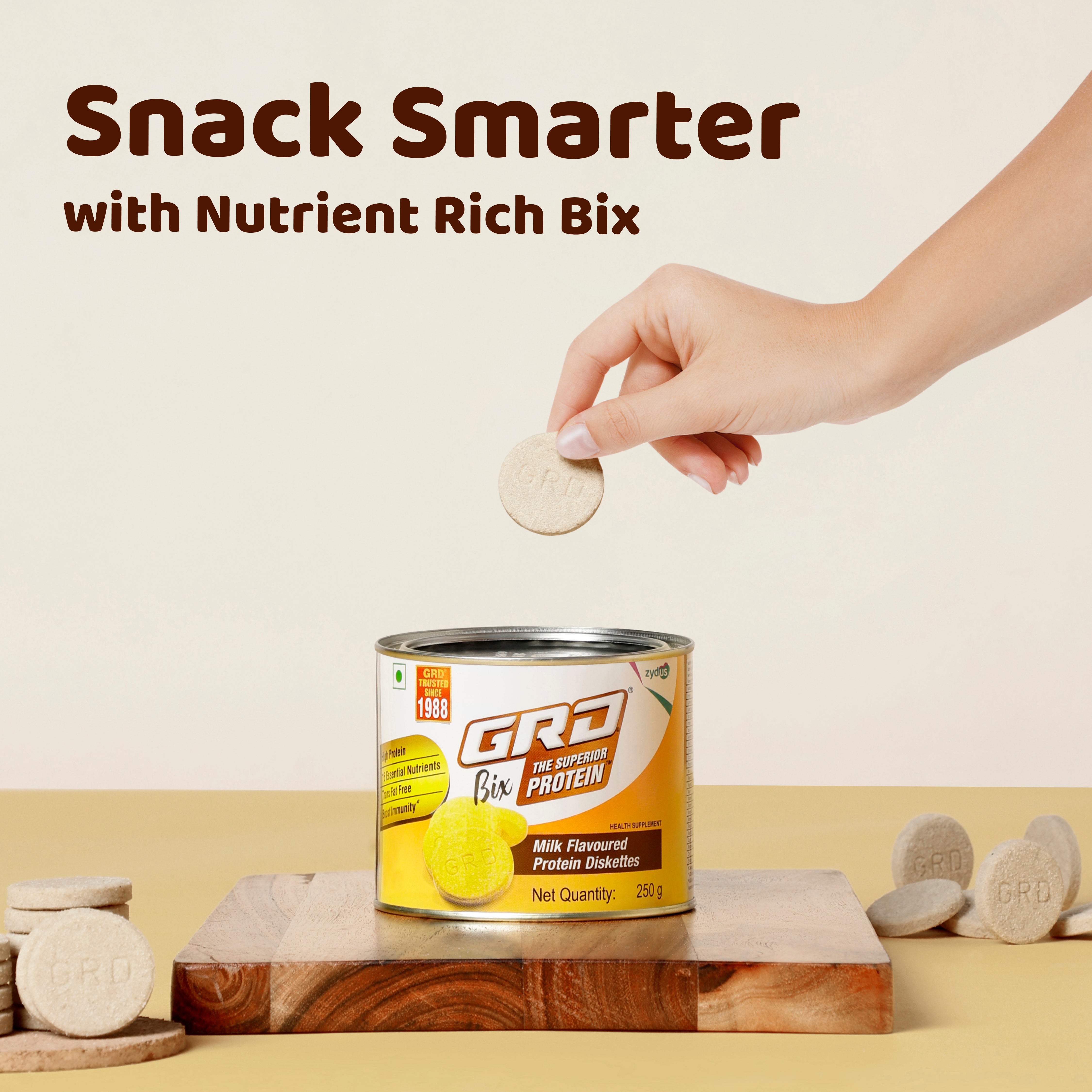 GRD Bix Superior Protein Diskettes, Healthy Tasty Biscuits Enriched with Protein and 18 Essential Nutrients for Healthy Living (250g) – Milk Flavour