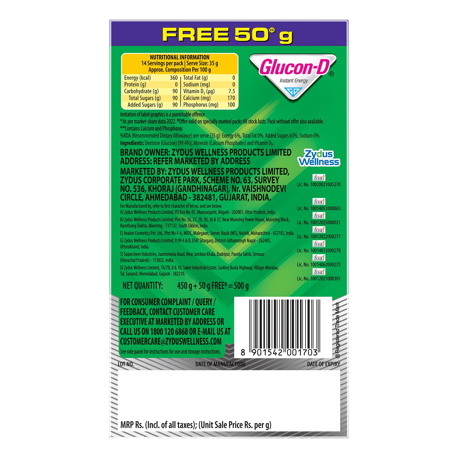 Glucon-D Instant Energy Health Drink Regular - 450 gm Refill (Extra 50Gm Free)