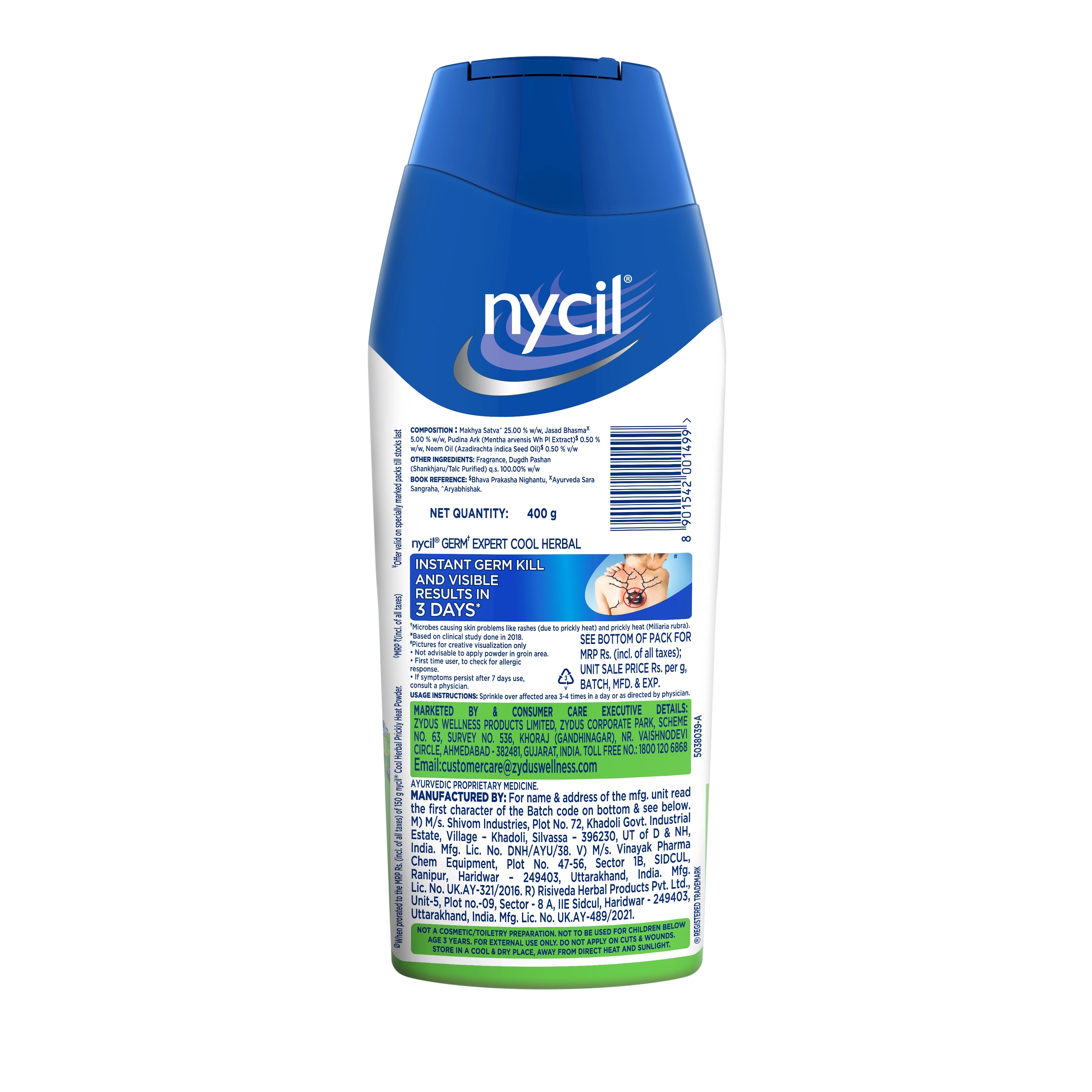 Nycil Germ Expert Cool Herbal Prickly Heat and Cooling Powder - 400 g | Get Relief from Skin Problems