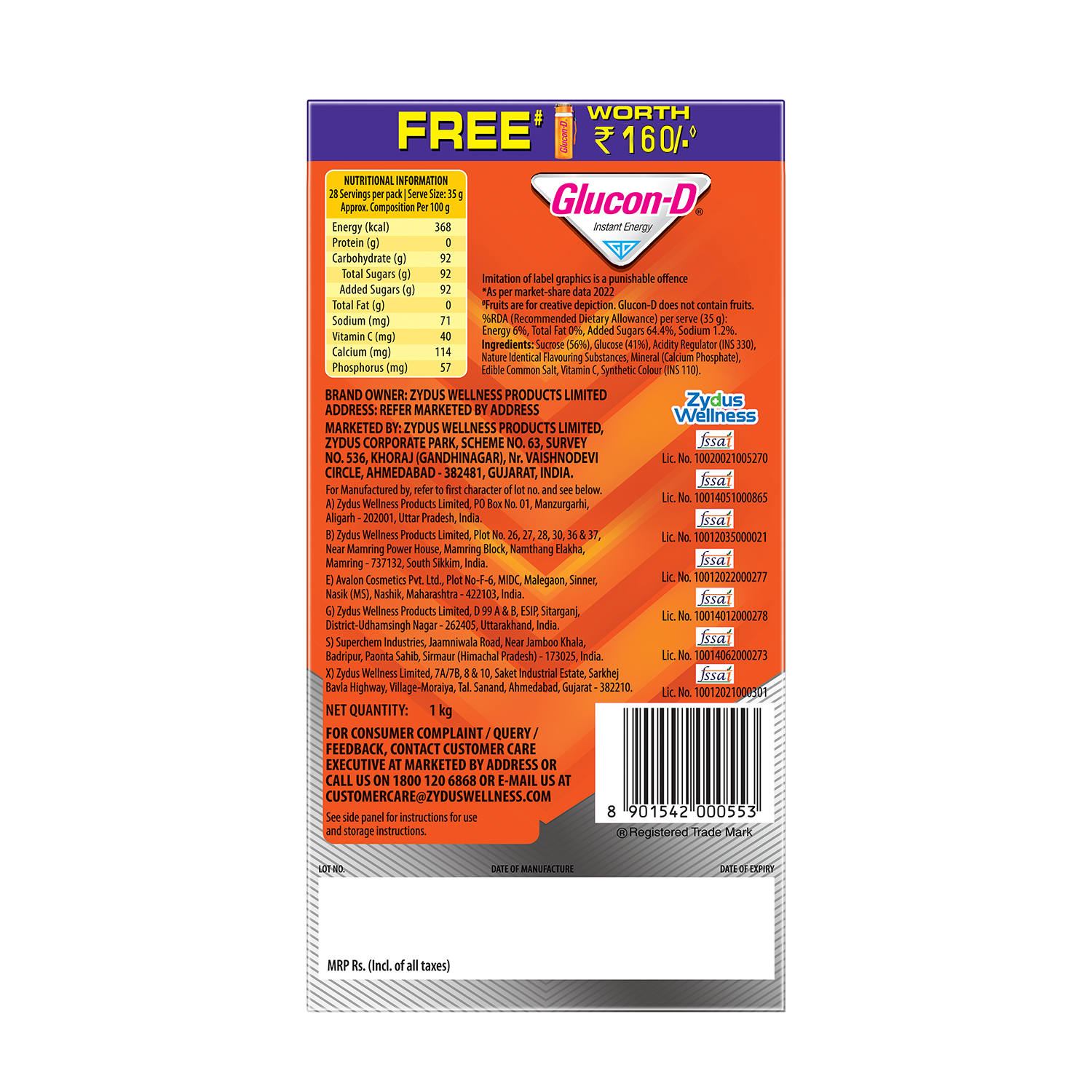 Glucon-D Instant Energy Health Drink Tangy Orange - 1kg Refill with free Sipper