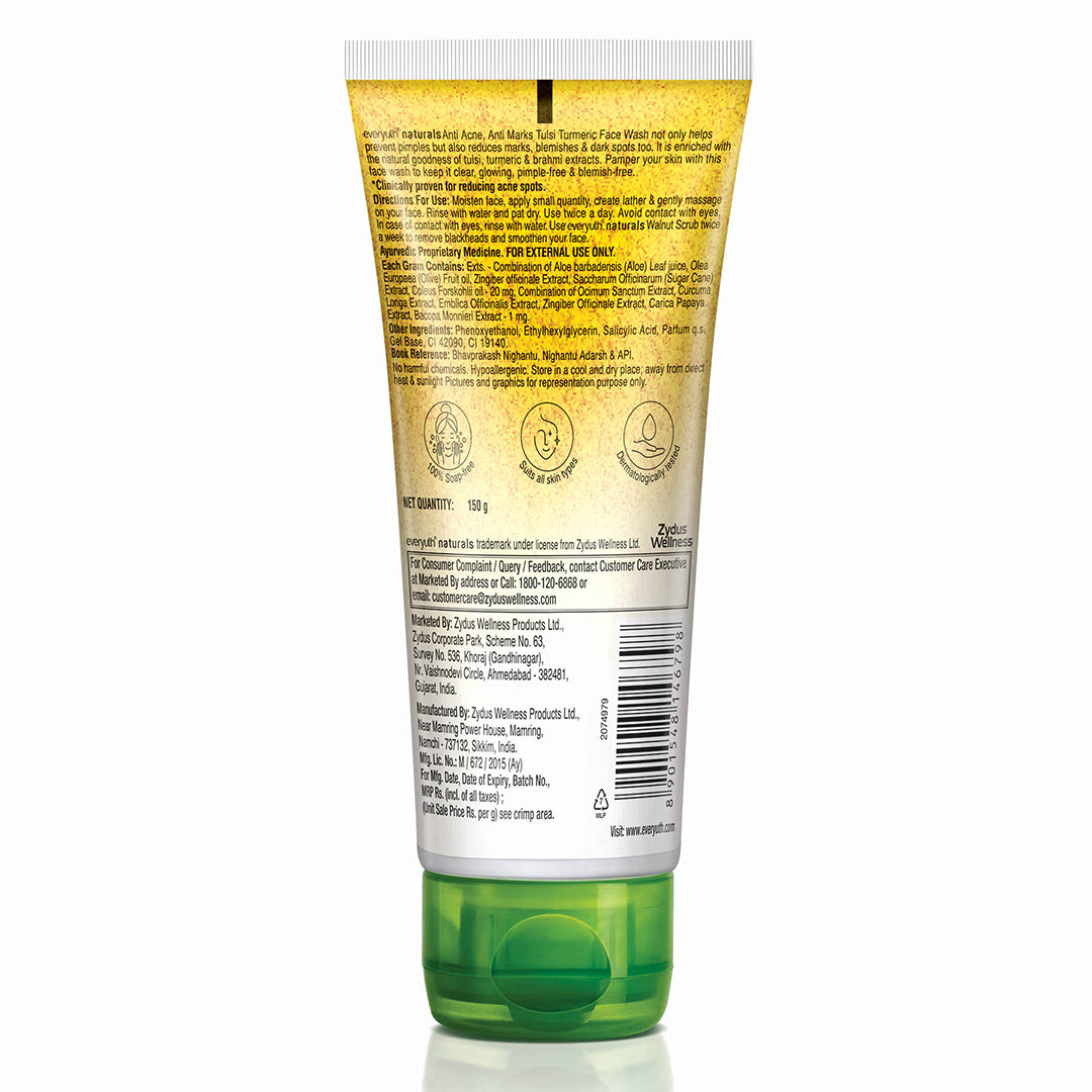 Everyuth Naturals Anti Acne, Anti Marks Tulsi Turmeric Face Wash|Gentle Exfoliation & Blemish Control|Paraben free|For Oily, Dry, Normal, Combination & Sensitive Skin|100% Soap Free - 150 g