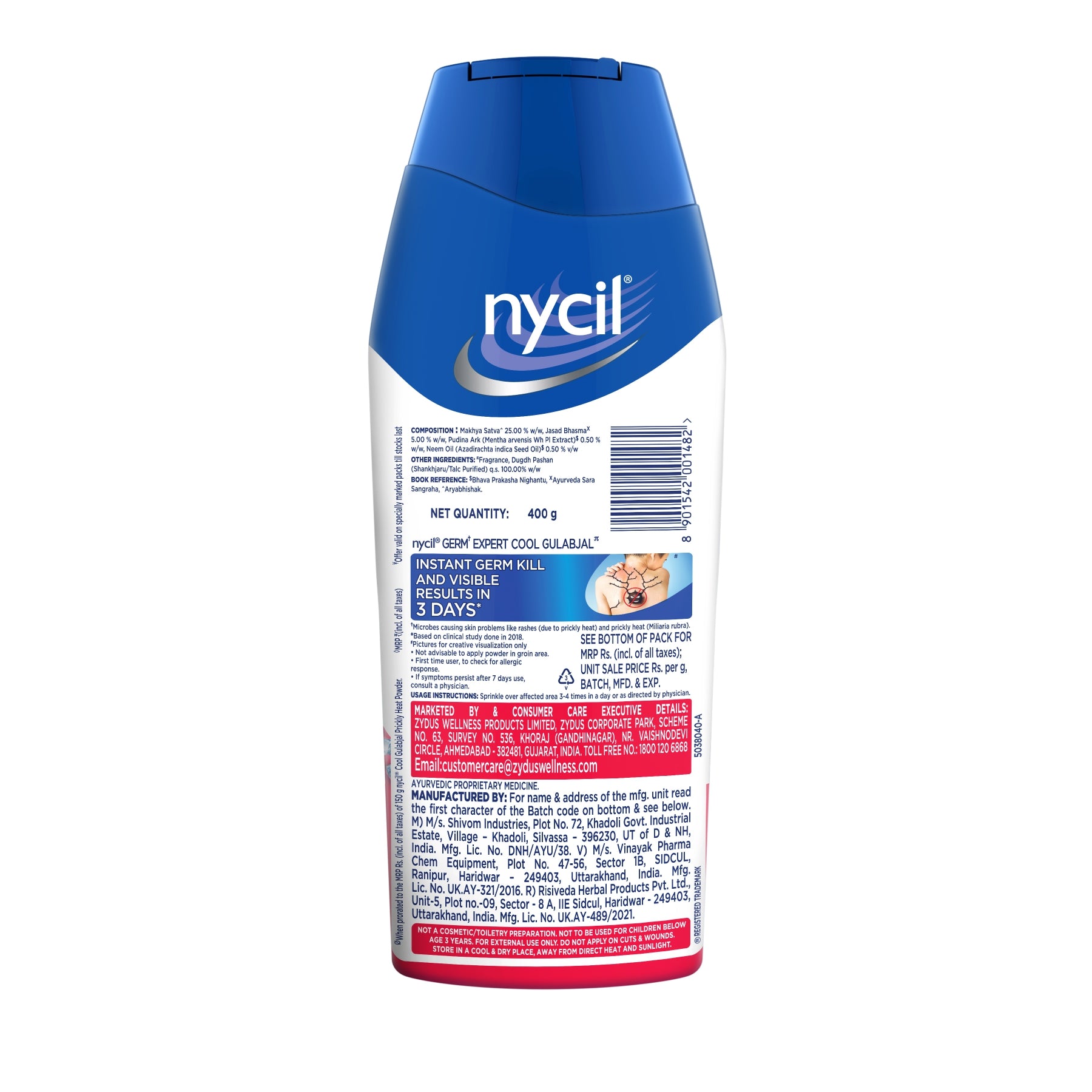 Nycil Germ Expert Cool Gulabjal Prickly Heat and Cooling Powder - 400 g | Get Relief from Skin Problems