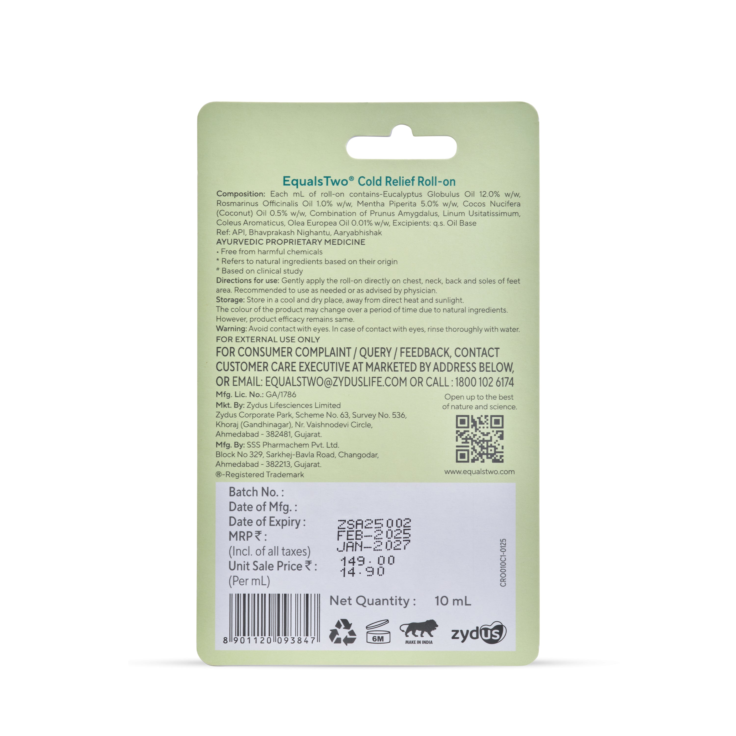 EqualsTwo Cold Relief Roll On (10 ml, Blister Pack)