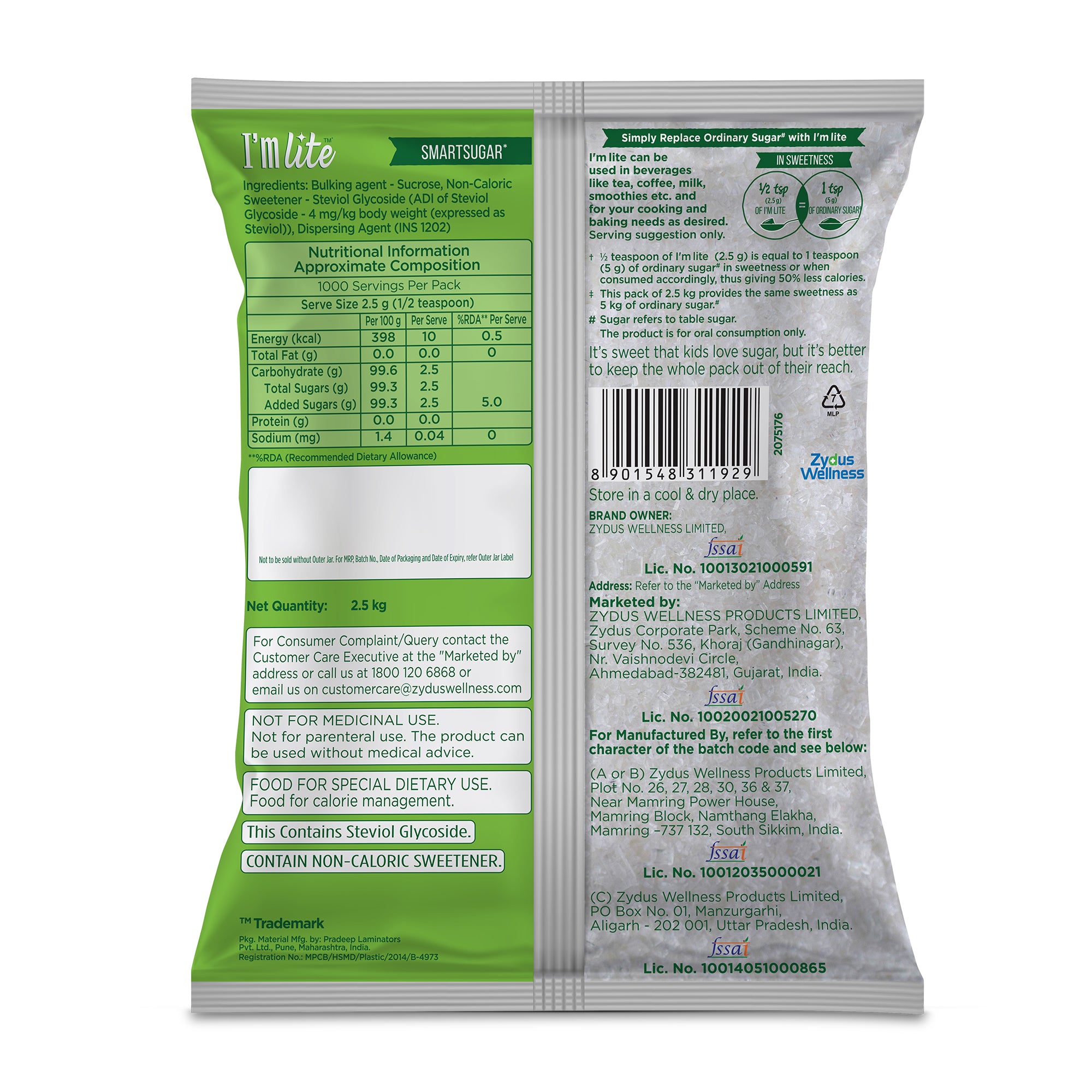 I'm lite 50% less calories sugar 2.5 Kg