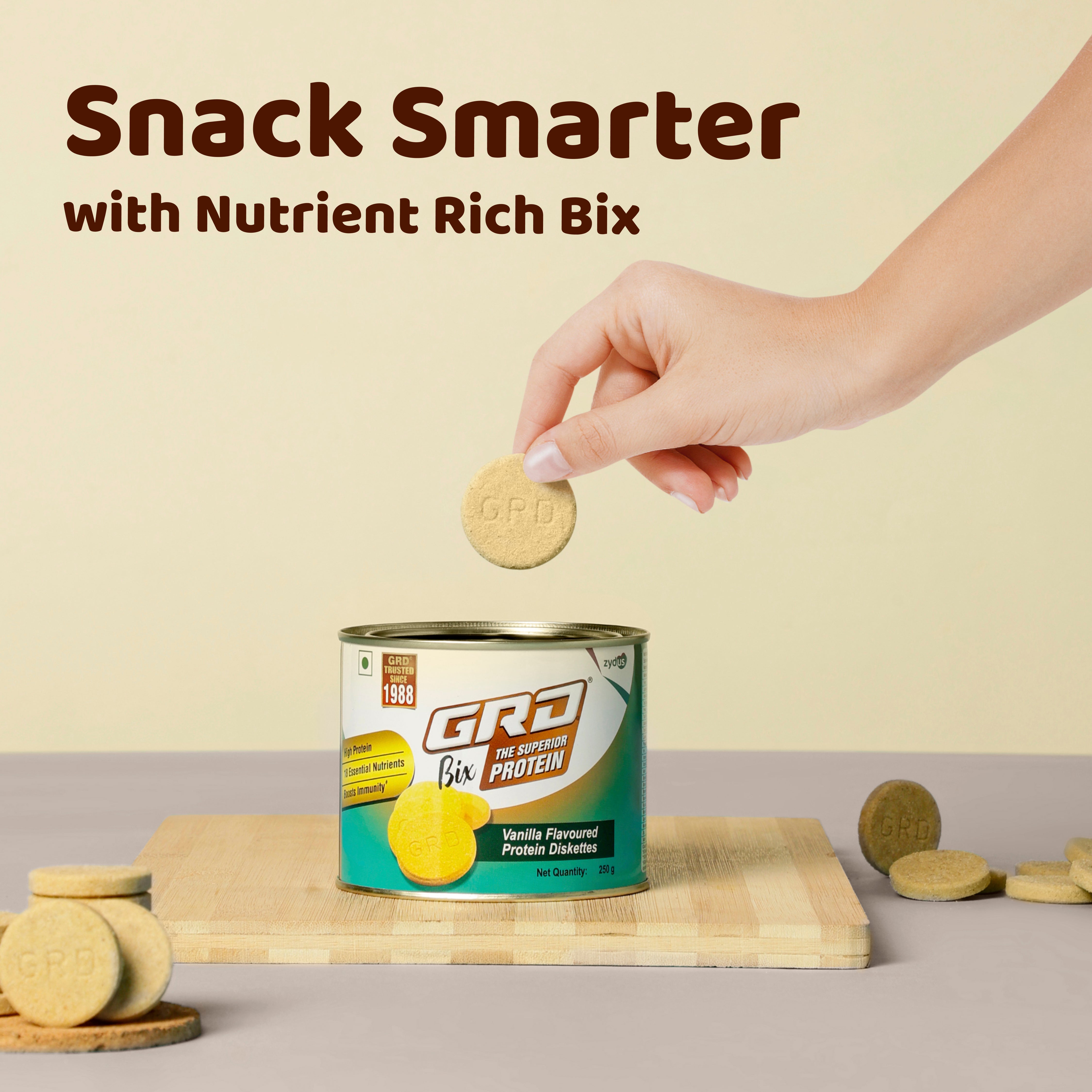 GRD Bix Superior Protein Diskettes, Healthy Tasty Biscuits Enriched with Protein and 18 Essential Nutrients for Healthy Living (250g) – Vanilla Flavour
