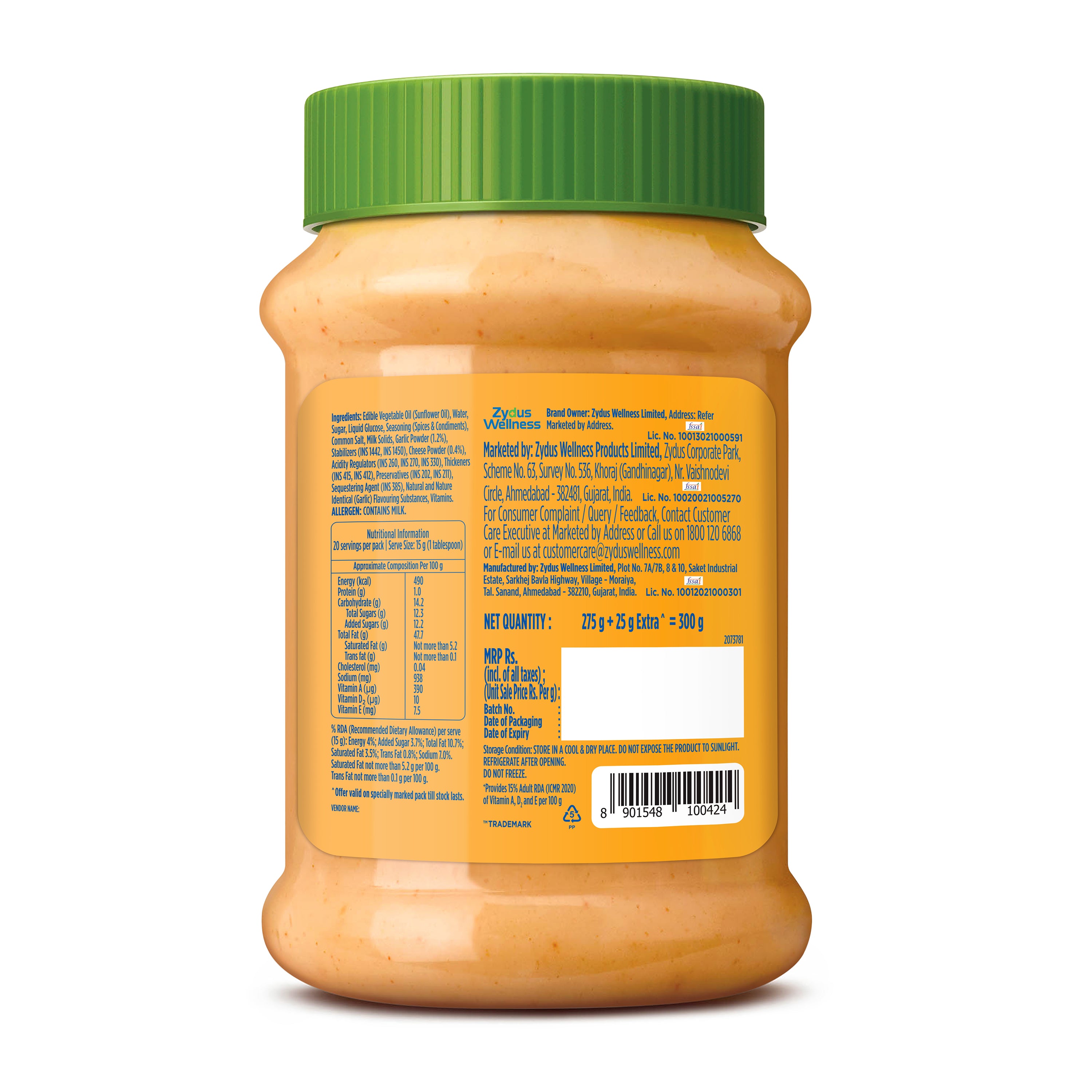 Nutralite Mayo Cheesy Garlic (275 g + 25 g Extra)|Eggless Mayonnaise| Enriched with Vitamins A, D2, and E| Creamy & Cheesy Veg Mayonnaise| Easy to Scoop & Spread