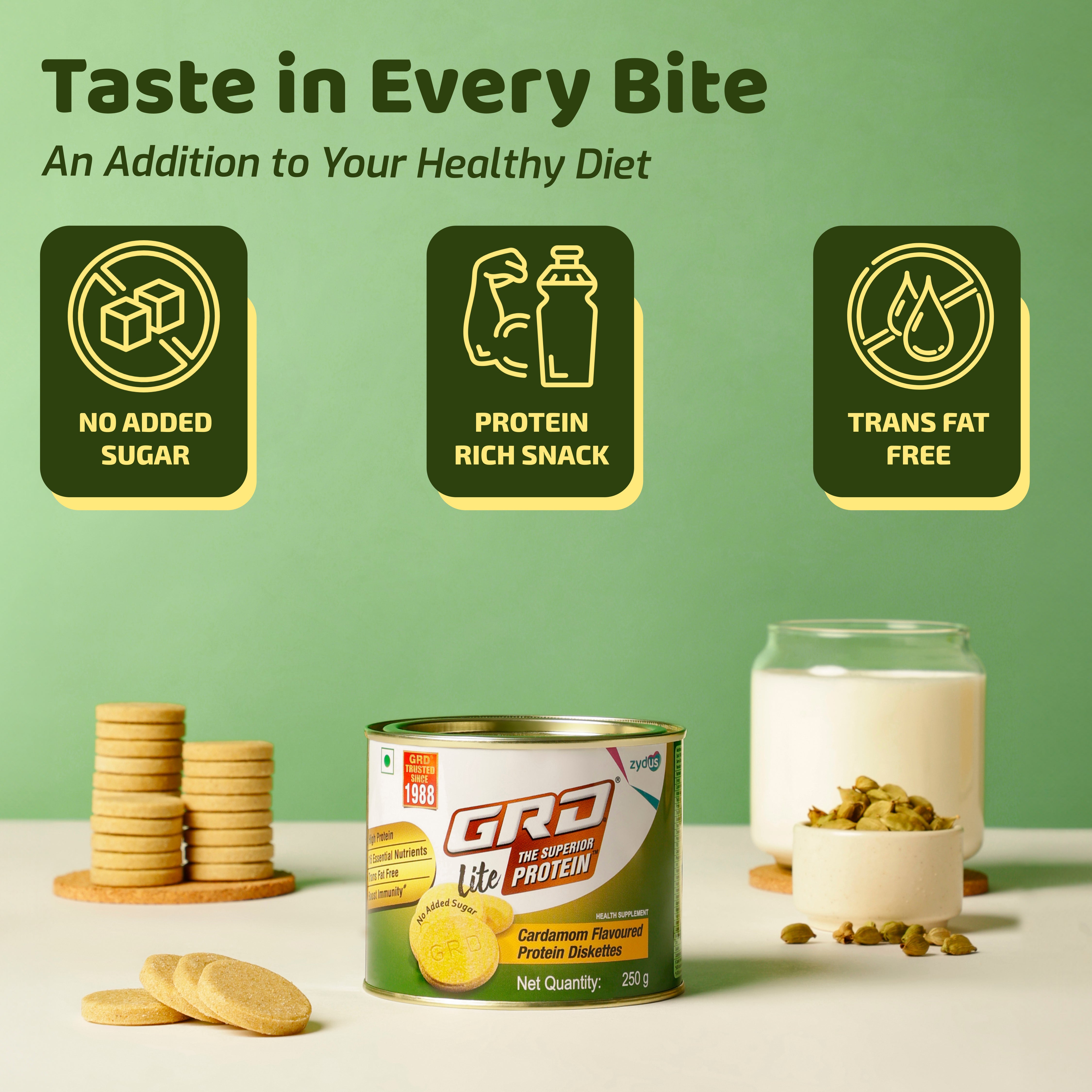 GRD Lite Superior Protein Diskettes, Tasty Sugarless Biscuits with Zero Cholesterol, 18 Essential Nutrients & Protein for Muscle Growth and Good Health (250g) – Cardamom Flavour
