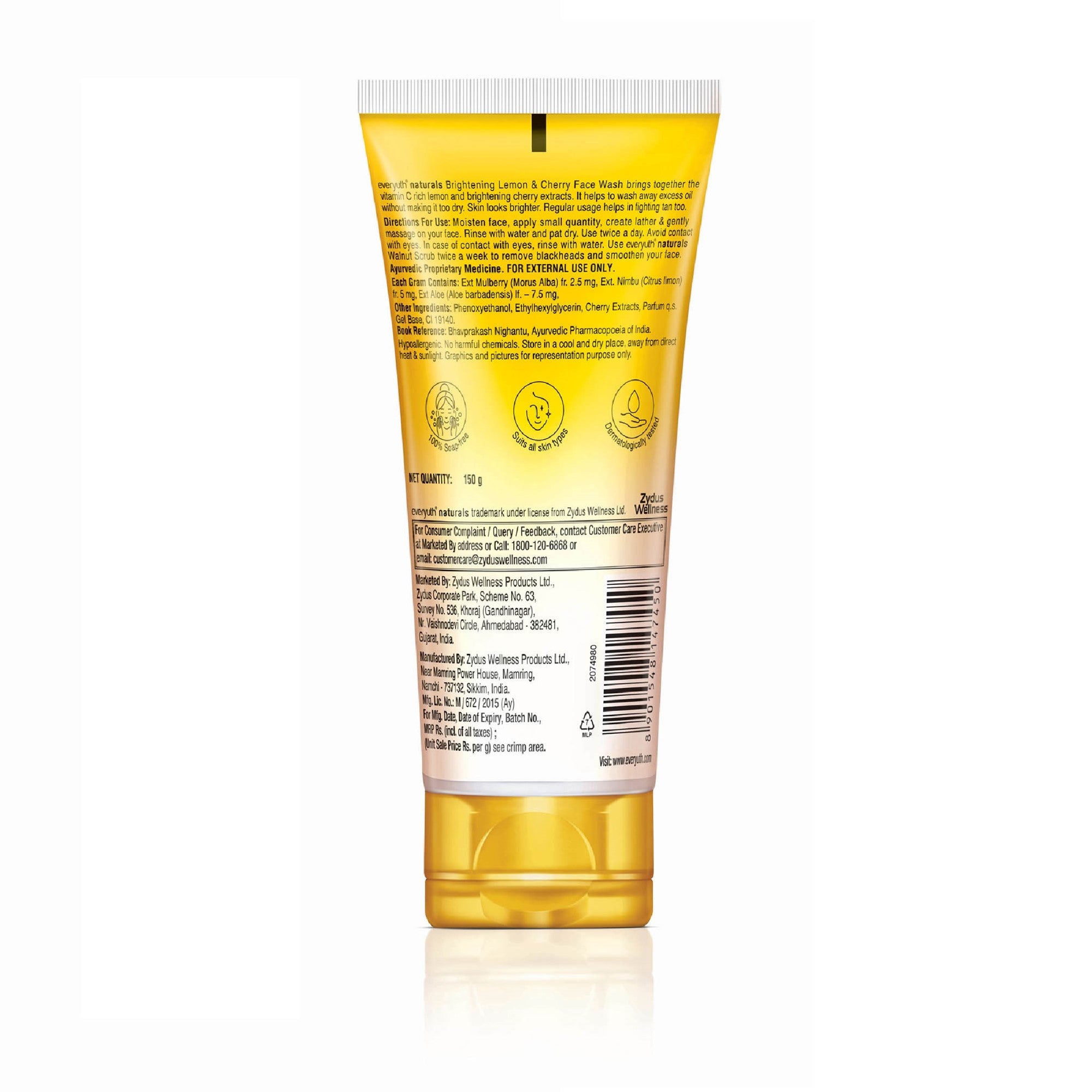 Everyuth Naturals Brightening Lemon & Cherry Face Wash|Deep Cleansing, Oil Control & Tan Reduction|Simple Face Wash|Removes Dirt & Oil|100% Soapfree| For All Skin Types|Paraben Free - 150 g