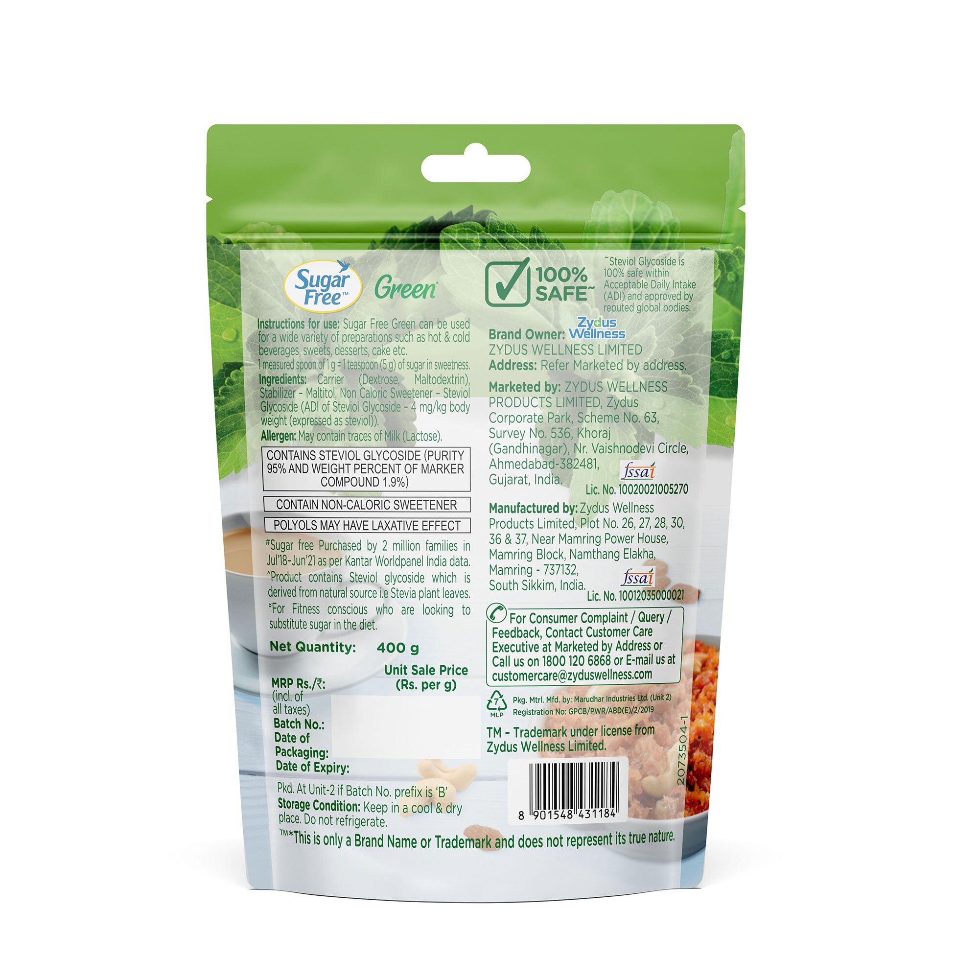 Sugar Free Green Stevia Pouch 400 g |100% Plant based Natural Sweetener | Equivalent to Sweetness from 1Kg Sugar | 100% Natural Stevia leaves| Sweet like Sugar but with zero calories