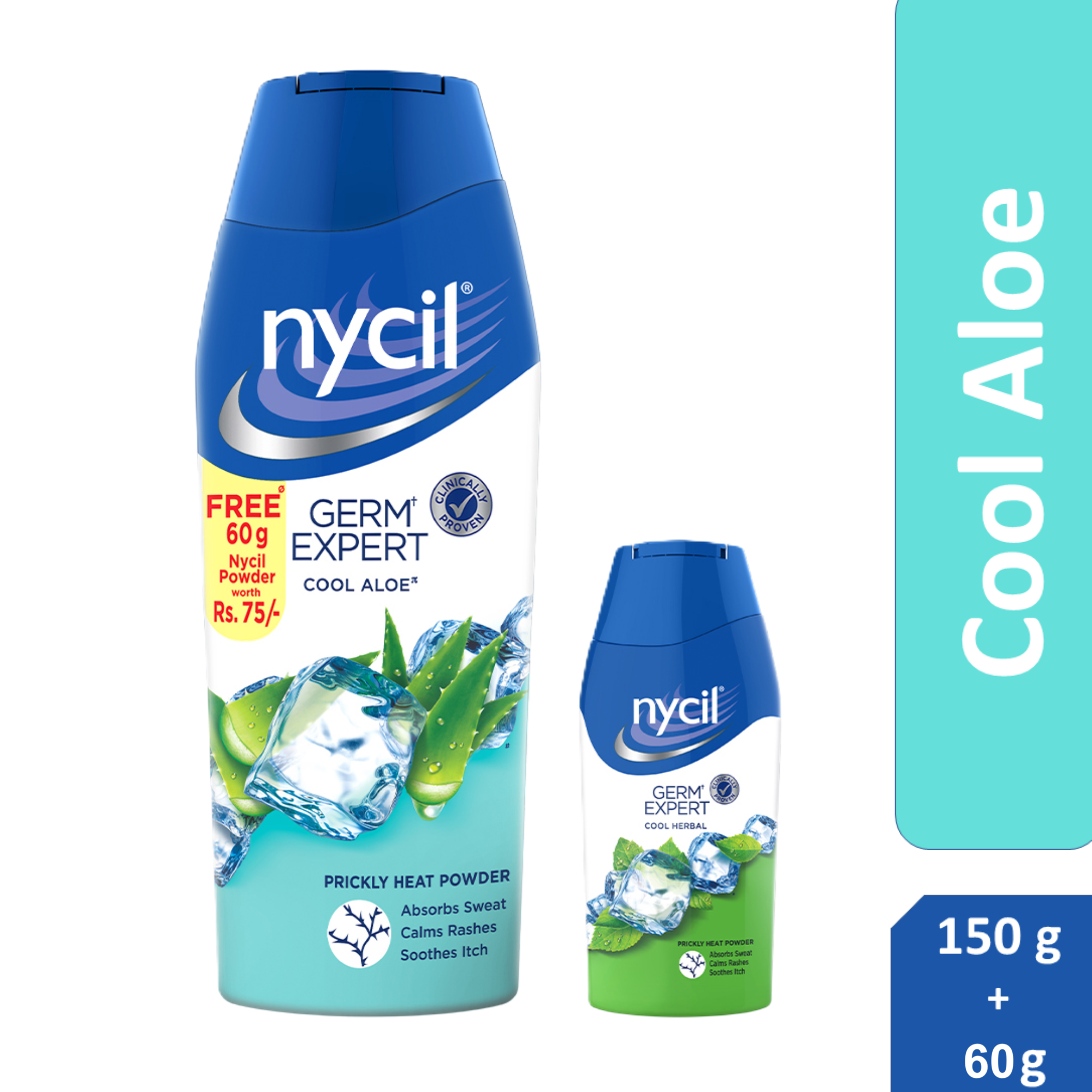 Nycil Germ Expert Cool Aloe Prickly Heat And Cooling Powder - 150 G + 60 G Free (Nycil Cool Herbal Powder) | Get Relief From Skin Problems