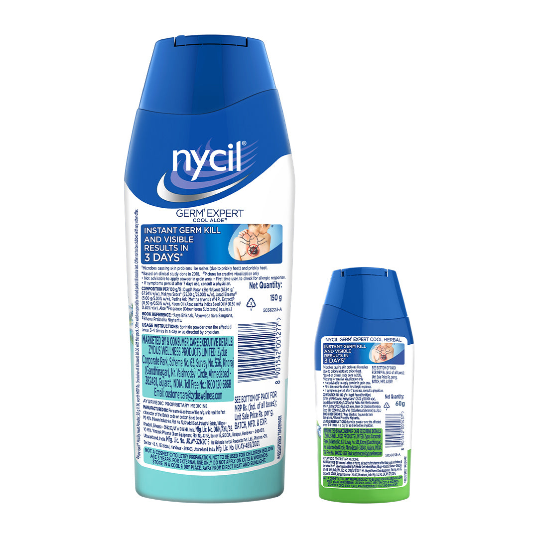 Nycil Germ Expert Cool Aloe Prickly Heat And Cooling Powder - 150 G + 60 G Free (Nycil Cool Herbal Powder) | Get Relief From Skin Problems